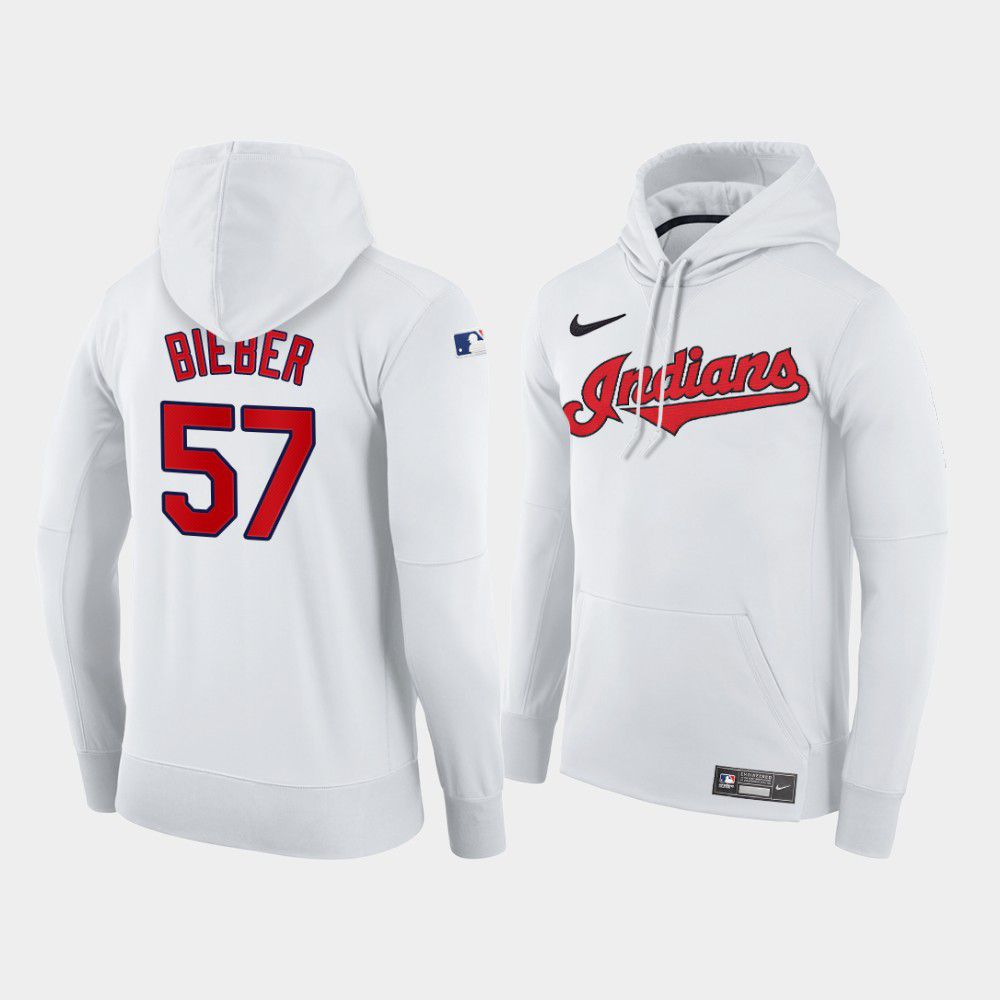 Men Cleveland Indians #57 Bieber white home hoodie 2021 MLB Nike Jerseys